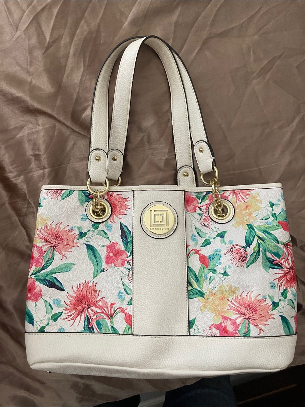 Liz Claiborne Floral Print Cream Tote Bag with Gold Accent
